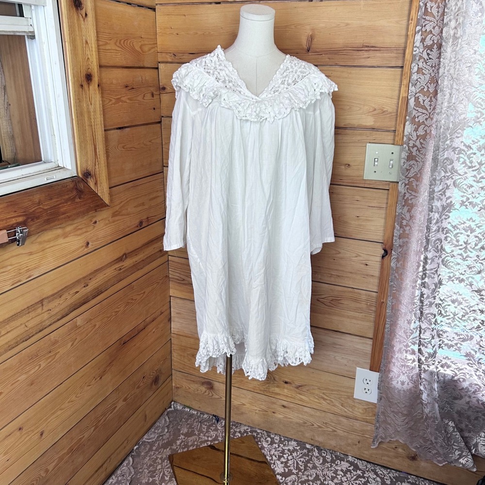 Vintage Cotton Nightgown Lace Chemise Dress Women Large White Cottagecore Prairi